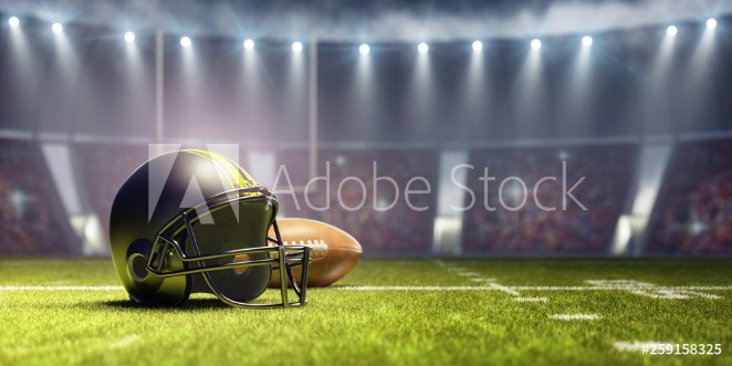 Picture of American football background with ball and black helmet 3D Rendering